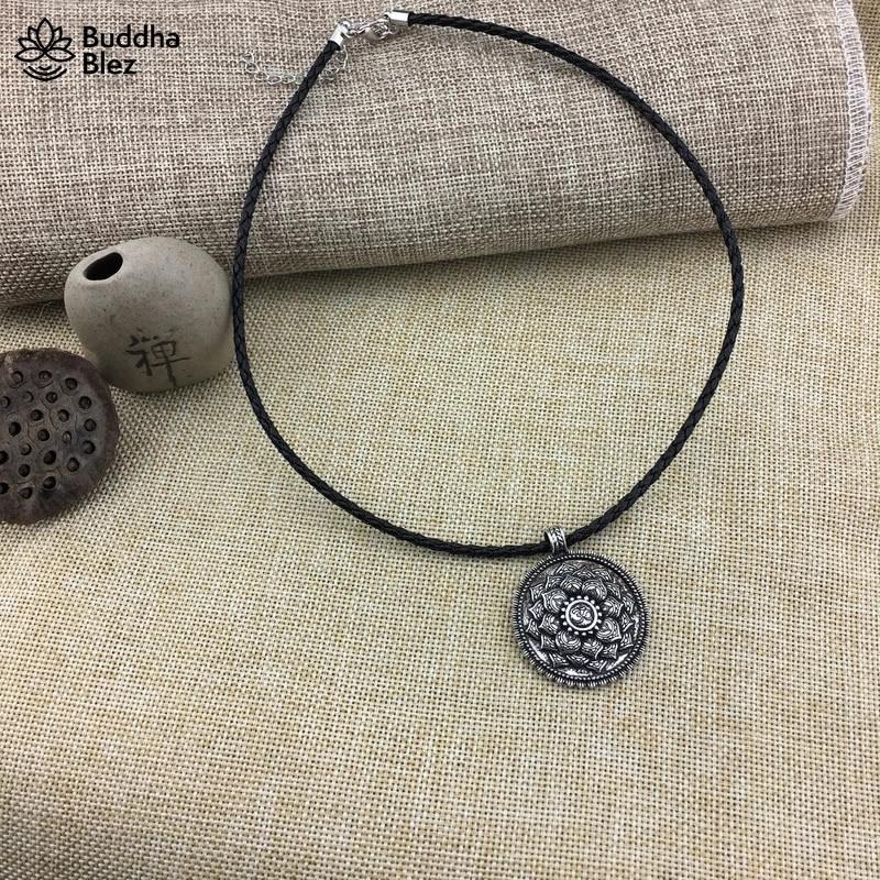 Buddhablez™ Antique Silver Om Lotus Mandala Pendant Necklace