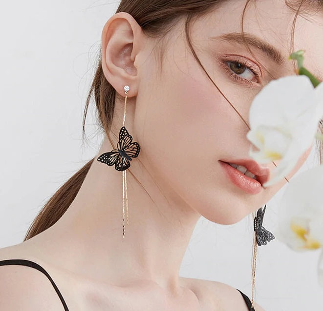 Black lace butterfly drop earrings